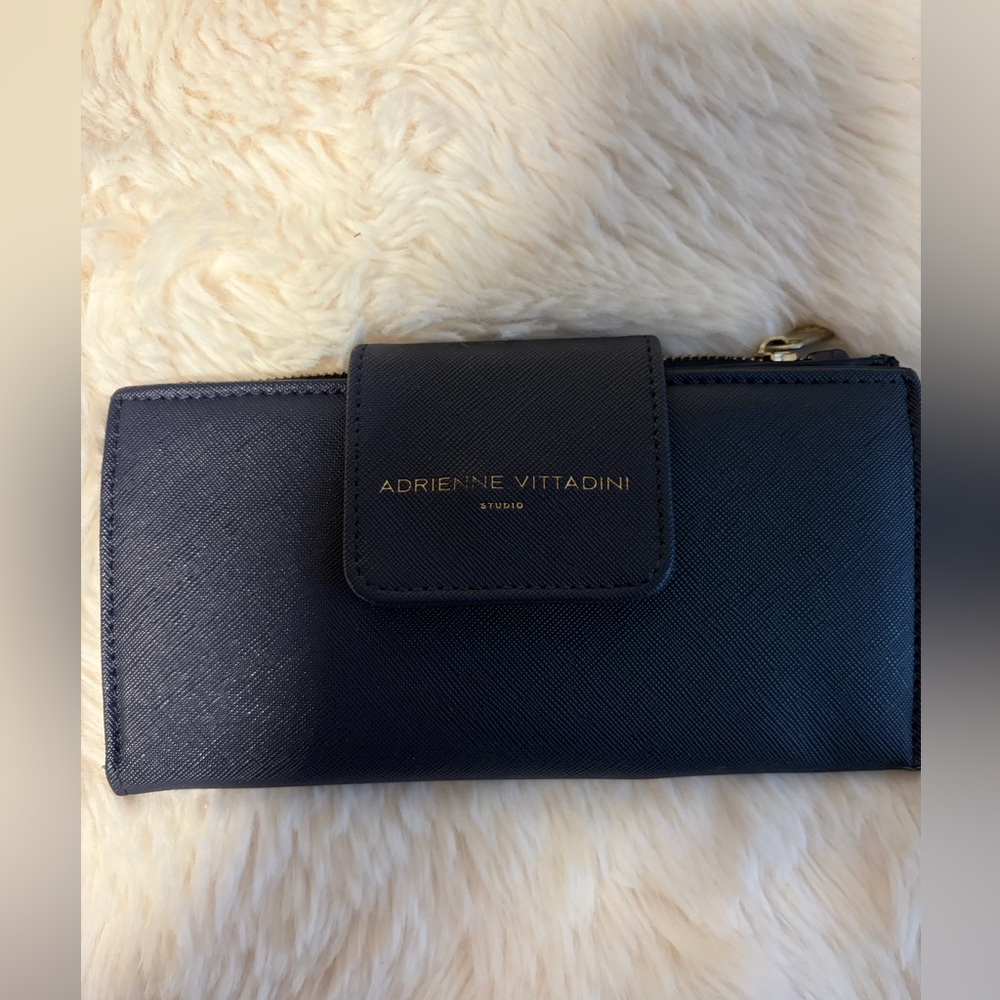 Adrienne Vittadini Navy Saffiano Leather Wallet with Gold Hardware